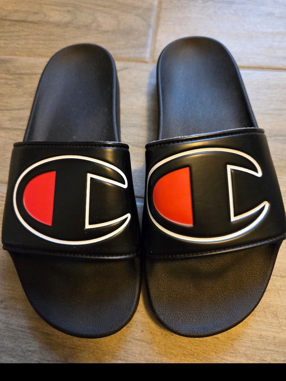 Champion Black Slide Sandals with Red & White Logo